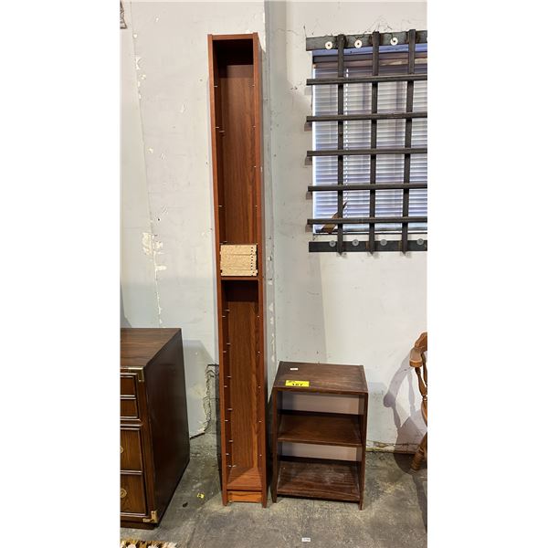 2-TIER WOOD SIDE TABLE & APPROX. 80  TALL WOOD CD STORAGE TOWER