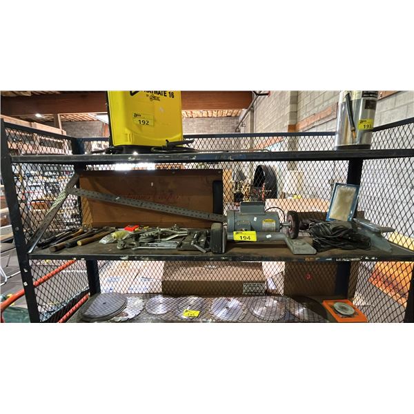 SHELF OF ASSTD. HAND TOOLS, MECHANIC'S CREEPER, CARPET KNEE KICKER, MINI ANVIL & MORE