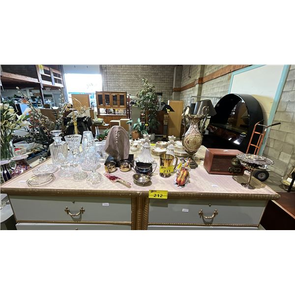 LOOPTONE RADIO, CUT GLASS & CUT CRYSTAL VASES & DECANTER, DECORATIVE WALL SCONCES, PORCELAIN VASE &