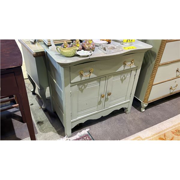 VINTAGE PAINTED WOOD 1-DRAWER 2-DOOR STORAGE CABINET: *DRAWER IS STUCK & DOOR HINGES ARE STICKY*