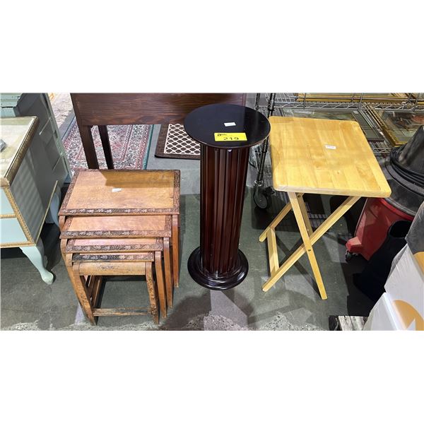 VINTAGE NESTING TABLES, PILLAR PLANT STAND & FOLDING TABLE