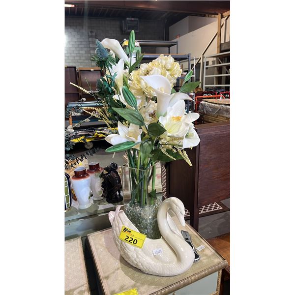 SWAN SHAPED CERAMIC PLANTER & GLASS VASE WITH FAUX CALLAH LILLIES & PEONIES
