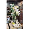 Image 1 : SWAN SHAPED CERAMIC PLANTER & GLASS VASE WITH FAUX CALLAH LILLIES & PEONIES