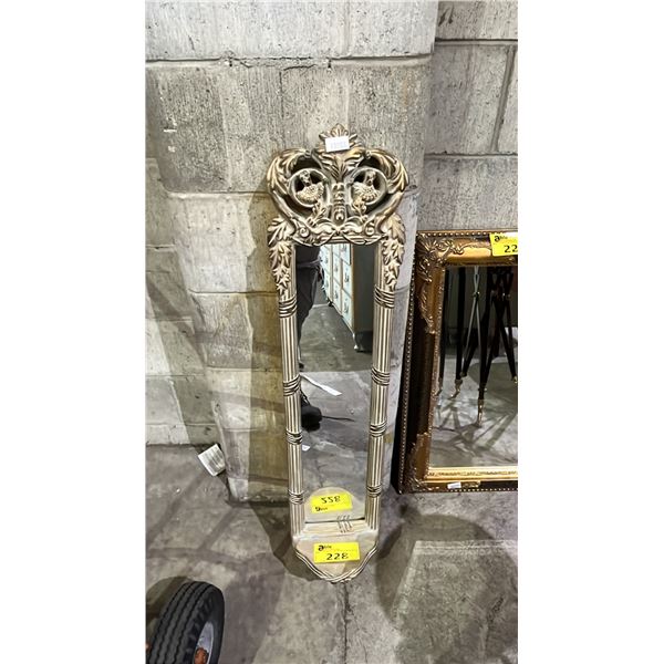 NORROW ORNATE FRAMED MIRROR WITH BOTTOM SHELF: APPROX. 41  X 9.5 