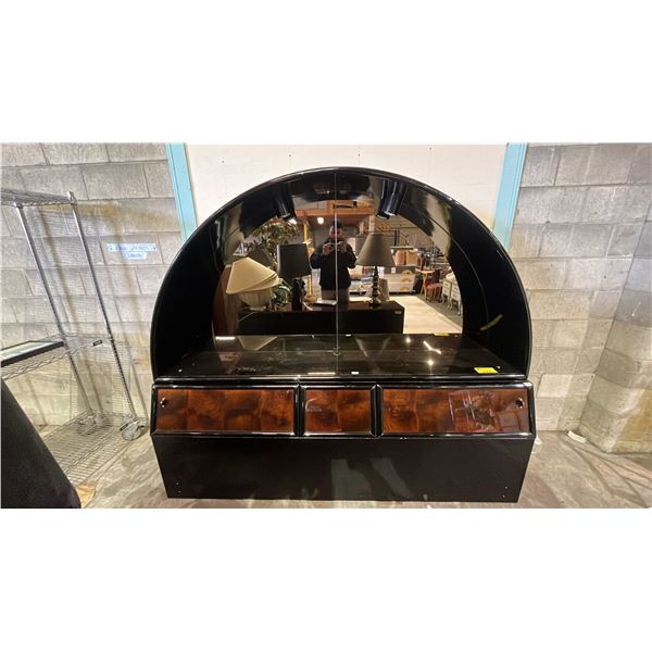 HENREDON SCENE THREE KING SIZE WALNUT BURL BLACK LAQUERED STORAGE HEADBOARD W/ ILLUMINATED ARCHED