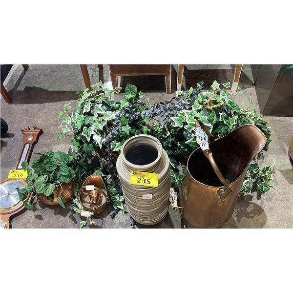COPPER COAL SCUTTLE, TALL CERAMIC VASE & ASSORTED POTTED FAUX IVY PLANTS