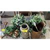 Image 1 : COPPER COAL SCUTTLE, TALL CERAMIC VASE & ASSORTED POTTED FAUX IVY PLANTS