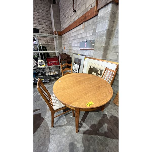 VINTAGE WOOD TABLE WITH (2) LEAVES & (3) CHAIRS
