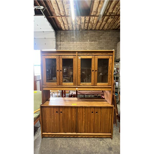 VINTAGE MCM 2-PIECE WOOD BUFFET WITH A GLASS DOOR HUTCH *DOORS ALL HAVE CHILD SAFETY LATCHES*