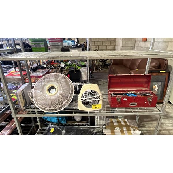 DESK FAN, VORNADO HEATER & RED METAL TOOL BOX WITH CONTENTS