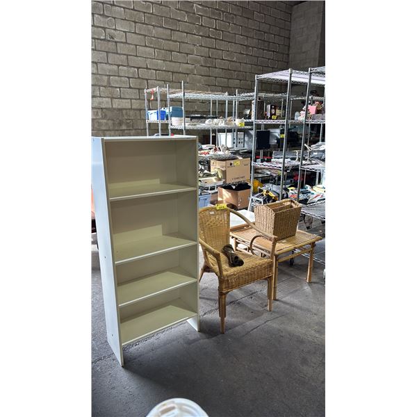 BAMBOO SIDE TABLE, WICKER BASKET, WICKER CHAIR, WOOD 4-TIER SHELF & MOBILE UTILITY CART