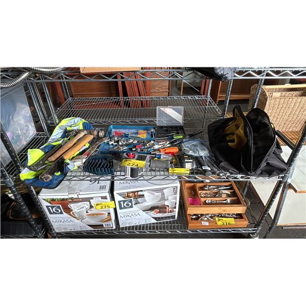 SHELF OF HAMMERS, SOCKET SET, SCREWDRIVER BIT SET, SCREWDRIVERS, DEWALT TOOL BAG & MORE