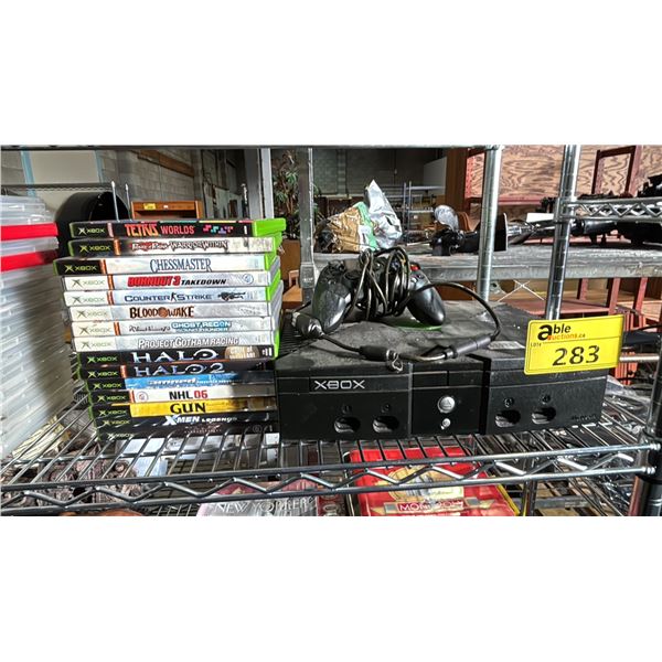 XBOX GAME CONSOLE WITH CONTROLLER *NO POWER CORD* & (15) ASSTD. GAMES