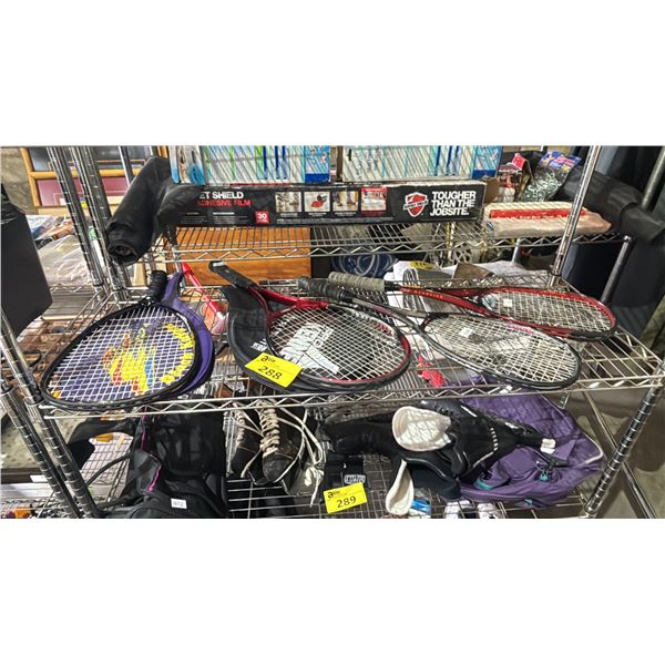 BLACK KNIGHT RAQUETBALL RACQUET, PRO KENNY TENNIS RACQUET & (2) BLACK KNIGHT SQUASH RACQUETS