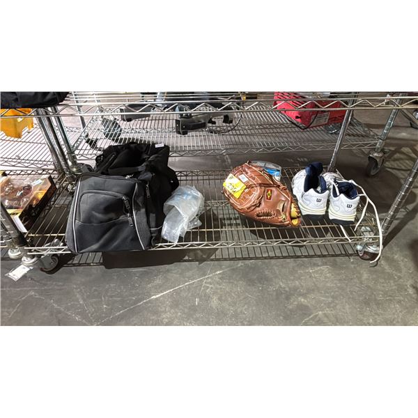 TELUS DUFFEL BAG, EASTON BASEBALL MITT & 2 BASEBALLS, PAIR OF WILSON RUNNING SHOES (SIZE UNKNOWN) &