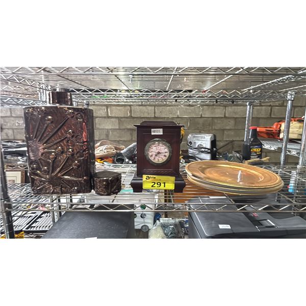 OVERSIZE CERAMIC DECANTER, BATTERY OPERATED MANTLE CLOCK & STACK OF GILT CHARGER PLATES