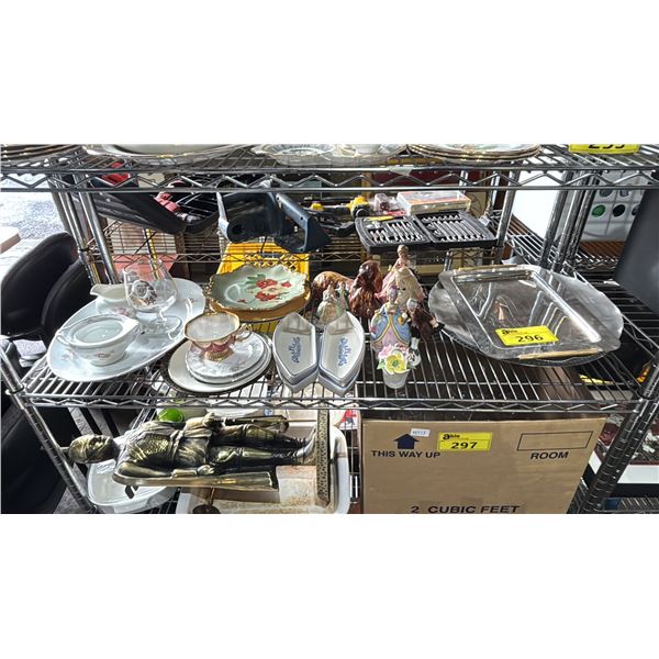 SHELF OF ASSORTED VINTAGE METAL TRAYS, CERAMIC FIGURINES, BONE CHINA DISHWARE & MORE