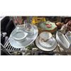 Image 2 : SHELF OF ASSORTED VINTAGE METAL TRAYS, CERAMIC FIGURINES, BONE CHINA DISHWARE & MORE