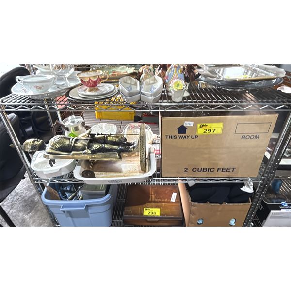 SHELF OF CASSEROLE DISHES, METAL MILITARY OFFICER FIGURE, BOX OF ASSTD. DRINKING GLASSES & MORE