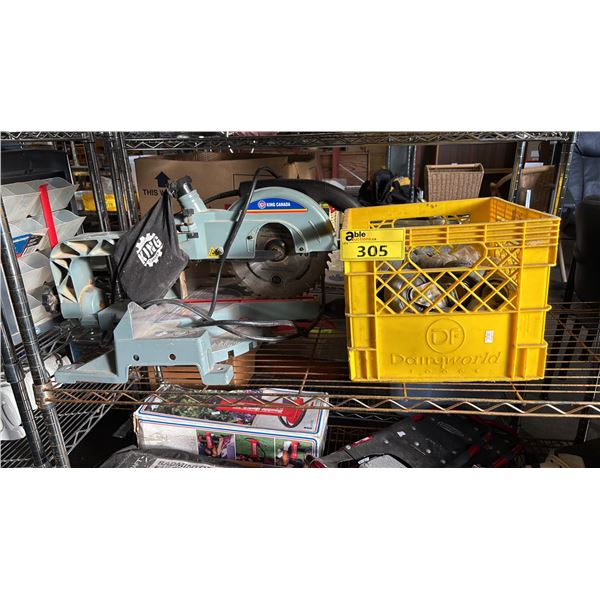 KING CANADA SLIDING COMPOUND MITER SAW & MILK CRATE OF 3  CASTERS
