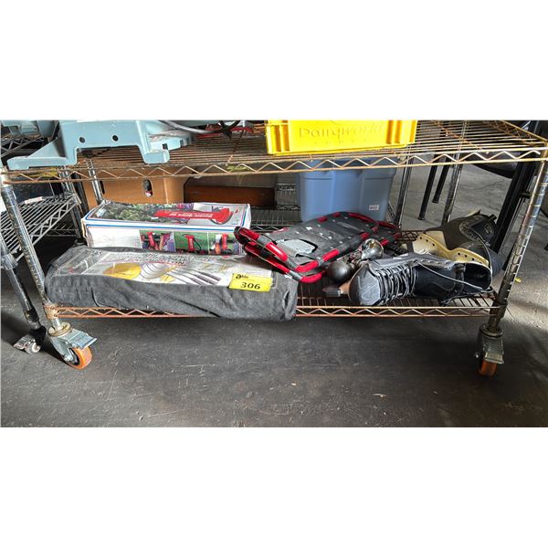 SHELF OF ICE SKATES, SNOW SHOES, BADMINTON & VOLLEYBALL SET & DOUBLE QUICK III HI-OUTPUT AIR PUMP