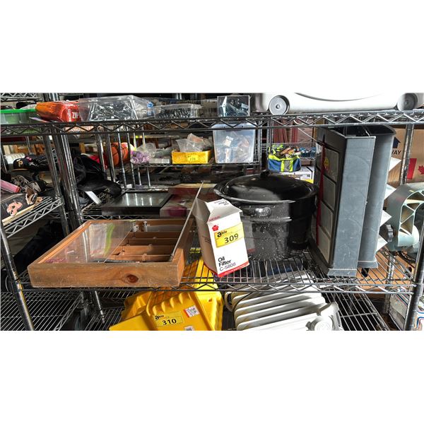 RYOBI DISPLAY CASE WITH ASSTD. ROUTER BITS, ENAMEL CANNING POT, OIL FILTER & MORE