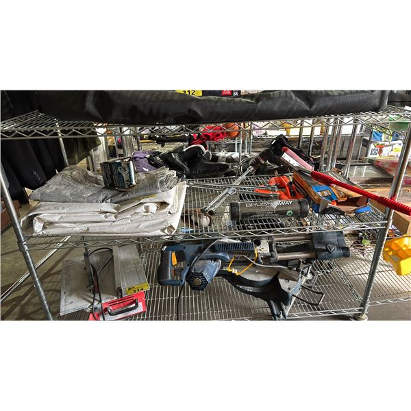SHELF OF SUCTION CUP DENT PULLERS, ASSTD. TARPS (SIZE UNKNOWN) , LUG WRENCHES & MORE