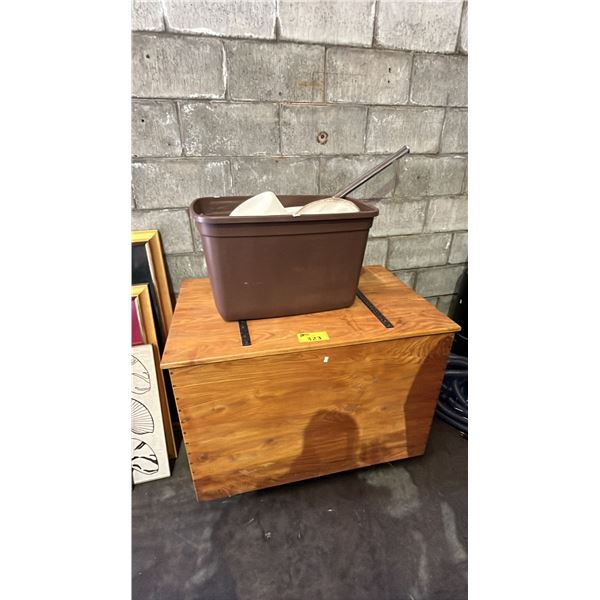 LARGE WOOD MOBILE STORAGE CHEST (APPROX. 40 W X 26 D X 32 T) & TOTE OF HATS, BASEBALL GLOVES & MORE