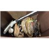 Image 3 : LARGE WOOD MOBILE STORAGE CHEST (APPROX. 40"W X 26"D X 32"T) & TOTE OF HATS, BASEBALL GLOVES & MORE