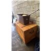 Image 4 : LARGE WOOD MOBILE STORAGE CHEST (APPROX. 40"W X 26"D X 32"T) & TOTE OF HATS, BASEBALL GLOVES & MORE