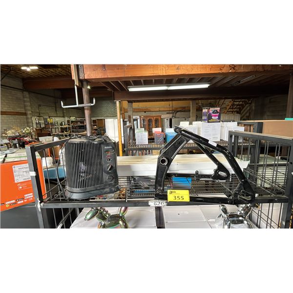 HOLMES OSCILLATING FAN/HEATER, FLUORESCENT CEILING LIGHT FIXTURE & MOTORCYCLE REAR SWINGARM