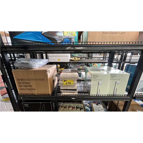 SHELF OF 60  X 102  TABLE CLOTHS, FULL/QUEEN WHITE DUVET COVER SET & 4 BATOLIET TOILET ROLL HOLDERS