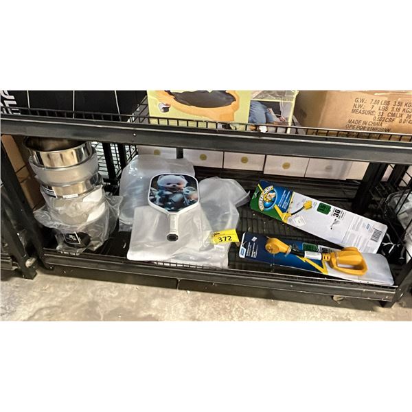 SHELF OF STAINLESS STEEL FLAT BOTTOM BOWLS, PICKLEBALL PADDLES & RV ELECTRICAL ADAPTERS