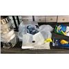 Image 3 : SHELF OF STAINLESS STEEL FLAT BOTTOM BOWLS, PICKLEBALL PADDLES & RV ELECTRICAL ADAPTERS
