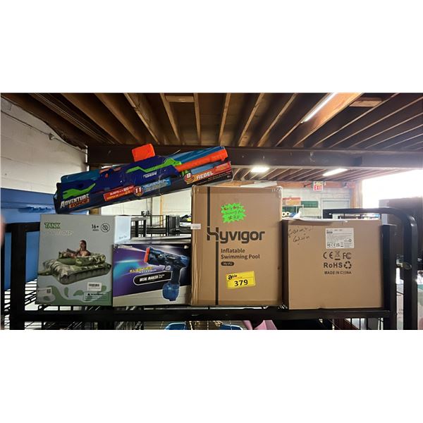 TANK POOL FLOATS, WEAL MAKER WATER GUNS, INFLATABLE SWIMMING POOL, OXYLED SOLAR LAMPS & MORE