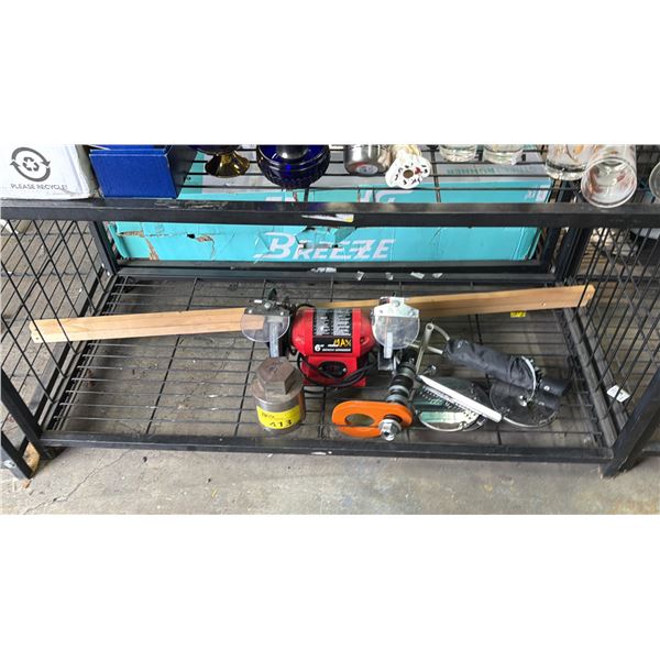 6  BENCH GRINDER, FOOD PROCESSOR BLADES, LARGE BALL JOINT SOCKET & MORE
