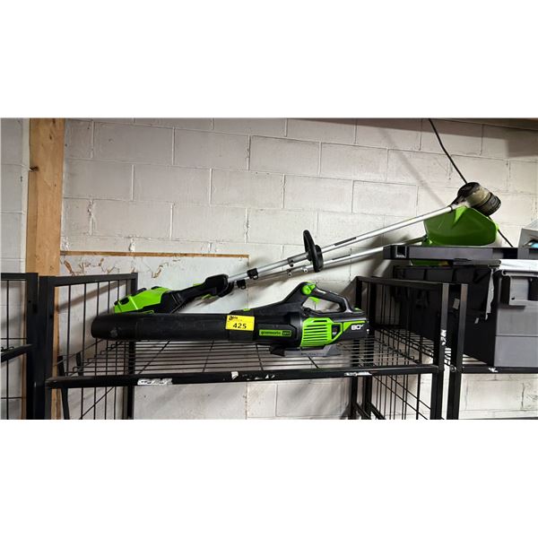 GREENWORKS PRO CORDLESS BLOWER & 2 GREENWORKS PRO CORDLESS WEED TRIMMERS WITH BATTERIES