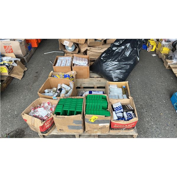 PALLET OF ASSORTED DRILL BITS, TENSOR BANDAGES, WORK GLOVES, GREEN NESTING STORAGE BINS & MORE *MUST