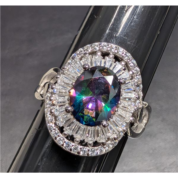 SILVER(4.45G), MYSTIC TOPAZ CZ (APP 2CT)RING, SIZE 6.5, SUGGESTED RETAIL VALUE $400