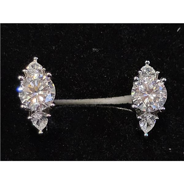 *NEW* PLATINUM PLATED 1CT EACH SIMULATED DIAMOND (CZ) HUGGIE EARRINGS WITH PEAR SIDESTONES