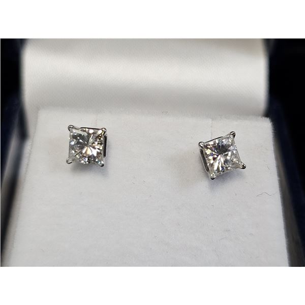PAIR OF 14KT WHITE GOLD PRINCESS CUT MOISSANITE LAB DIAMOND EARRINGS