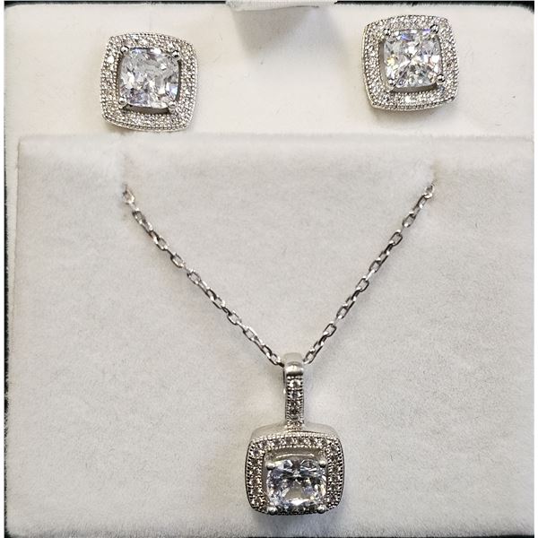 .925 STERLING SILVER SQUARE CUT CUBIC ZIRCONIA HALO PENDANT & EARRINGS SET