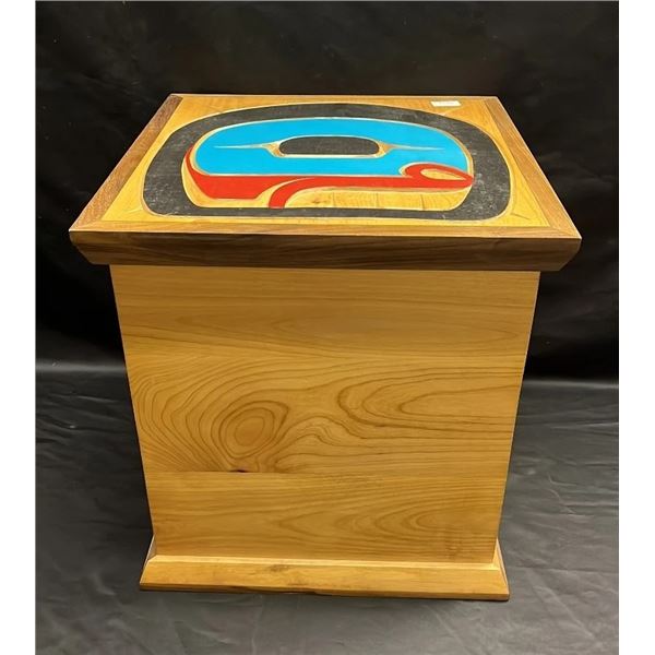 NORTHWEST COAST FIRST NATIONS HAND CARVED & PAINTED CEDAR BOX: APPROX. 18.5"T X 17.25"W X 17.25"D