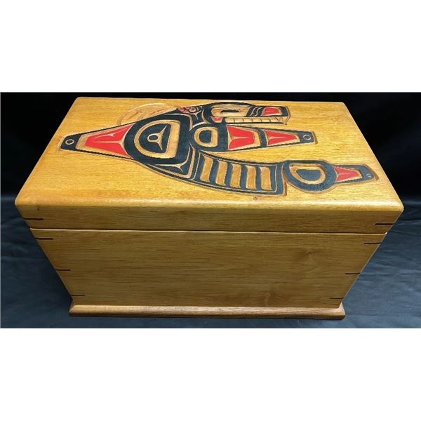 NORTHWEST COAST FIRST NATIONS HAND CARVED & PAINTED WOOD BOX W/HANDLES: APPROX. 24"W X 14"T X 14"D
