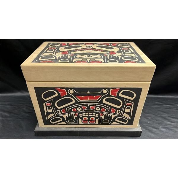 NORTHWEST COAST FIRST NATIONS HAND PAINTED WOOD BOX: APPROX. 20.5"W X 17.75"T X 14"D