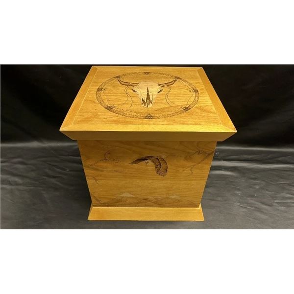 HANDCRAFTED WOOD-BURNED SOUTHWESTERN DESIGN KEEPSAKE BOX: APPROX. 13"T X 14"W X 14"D