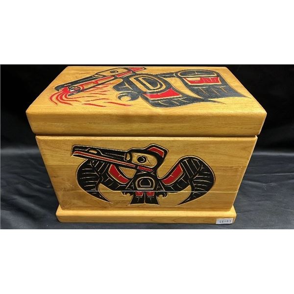 NORTHWEST COAST FIRST NATIONS HAND CARVED & PAINTED WOOD BOX: APPROX. 15.5"W X 11"T X 10"D