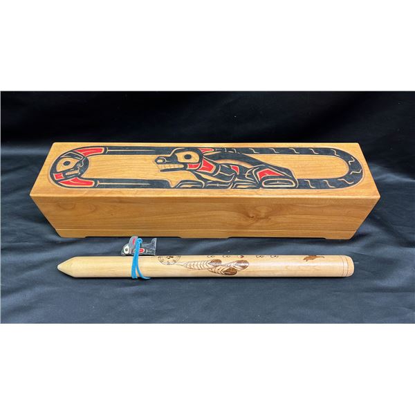 NORTHWEST COAST FIRST NATIONS FLUTE IN HAND CARVED & PAINTED WOOD BOX: APPROX. 24"W X 5.5"T X 5.5"D