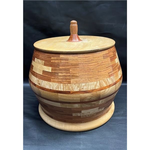 HAND-TURNED SEGMENTED WOOD CANNISTER WITH LID: APPROX: 13"T X 13"DIA.