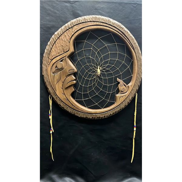 HAND CARVED WOOD DREAMCATCHER: SIGNED BY ARTIST DEC 2014 (APPROX. 20" DIA.)